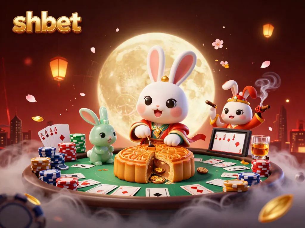 Engage with shbet at a dynamic 3D casino scene showcasing a whimsical moon rabbit and poker elements.