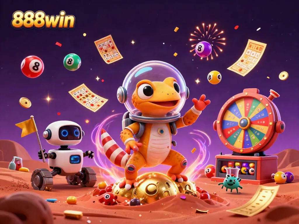 Experience thrilling gaming adventures at 888win with a Martian gecko uncovering a golden casino.