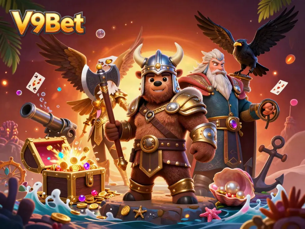 Engage with thrilling gameplay at V9Bet, showcasing a Viking bear and Valkyrie eagle amidst treasures and cards.