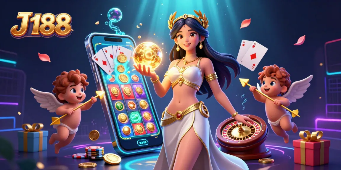 Play vibrant slot games with J 188 as gorgeous goddess holds a glowing orb surrounded by golden coins.