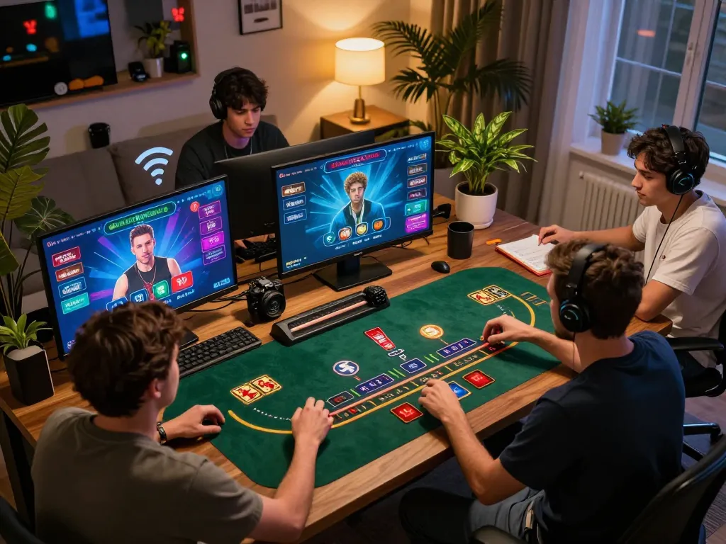 Players enjoying an online blackjack game at home, showcasing interactive strategy with XX88 on screen.