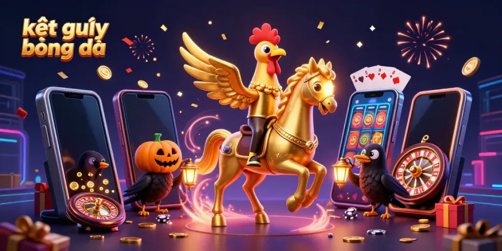 Experience kết quả bóng đá with a thrilling scene of a golden rooster in a casino, surrounded by gaming elements and vibrant visuals.