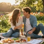 Young couple enjoying a romantic picnic, showcasing a sweet crush on each other in vibrant park setting.