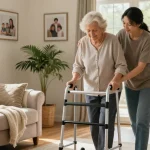 Buy nobility aids with a supportive caregiver assisting an elderly woman using a walker in a welcoming home setting.