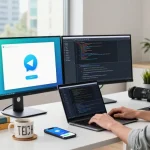 Telegram Download scene with developer coding in modern workspace, showcasing vibrant tech atmosphere.